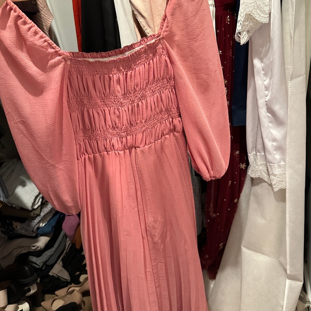 ASOS Pink Midi Dress with Smocked Bodice and Puff Sleeves - Picture 8 of 9